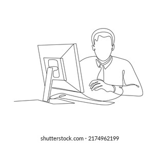 Single line art drawing ,man with computer, victor art , digital line art , eps 10 file.