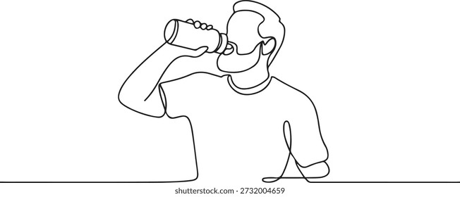Einzeilige Kunstzeichnung eines Mannes, der ein Getränk, Hydratation oder zwangloses Trinken genießt