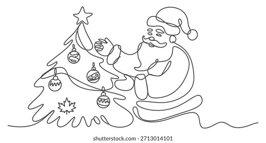 Dibujo de arte de una sola línea de santa claus decorando un árbol de Navidad con adornos Vector, ilustración