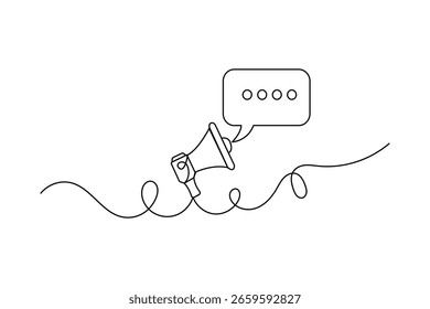 Single line art drawing of speech bubble outline in simple minimalist style isolated on white