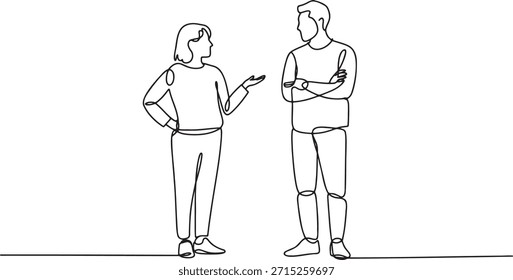 Single line art drawing of two individuals having discussion. Minimalist sketch vector illustration of man and woman communicating professionaly or socially. Simple outline graphic representing dialogue collaboration and human interaction concept.