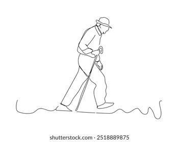 Arte em linha única de um avô de homem idoso ou homem sênior isolado em um fundo branco.  Conceito de estrutura de tópicos mínima. Ilustração vetorial. Idosos apoiam.  Vetor artesanal não AI.