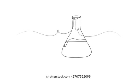 Arte de línea simple de la Ilustración vectorial del frasco de Erlenmeyer, arte de línea minimalista del frasco de erlenmeyer con líquido y salpicaduras