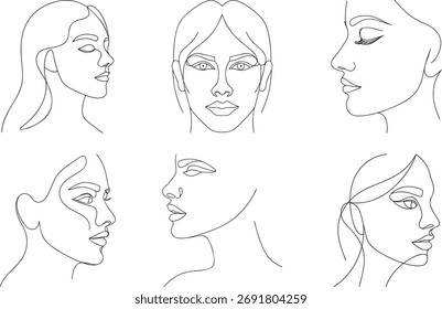 Single line art faces in profile front view woman