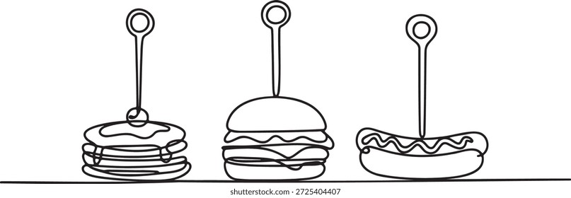 Arte de una sola línea con panqueques apilados, hamburguesas y hot dog, todo sostenido por pinchos o picos Concepto de comida para el desayuno con sándwich clásico y salchicha a la parrilla Ilustración de estilo de dibujo continuo para menú de cafetería o cena casual rápida