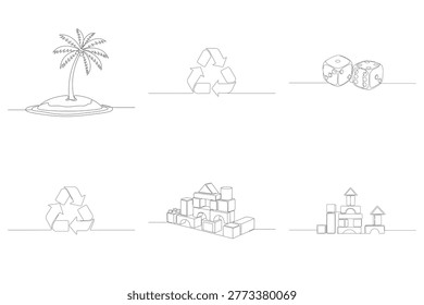 Single line art featuring tropical island recycle symbol gambling dice and wooden building blocks for children play and nature.