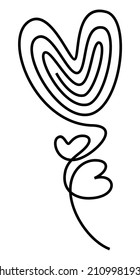 Single line art flowing to create hearts on an isolated white background