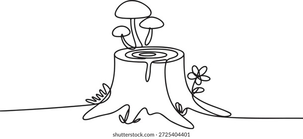 Arte de linha única de coto de árvore da floresta. Cenário da natureza com cogumelos e flores esboço vetorial. Desenho minimalista do tronco de madeira. Ecologia e conceito botânico. Ilustração de elemento de jardim. Esboço de cogumelo selvagem. Design linear moderno do chão da floresta em fundo branco.