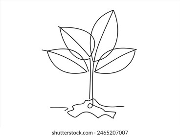 Single line art growing sprout. Plant leaves seed grow soil seedling eco natural farm concept design one sketch outline drawing vector illustration