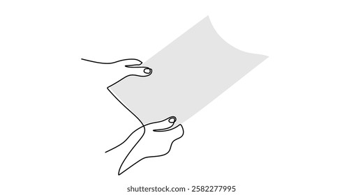 Single line art of a hand holding a document. Represents agreements, legal papers, or official records. Vector illustration hand drawn.
