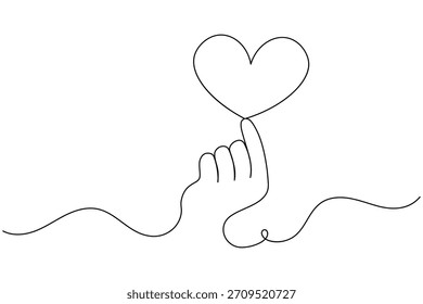 Single line art of a hand making a finger heart gesture with a heart above