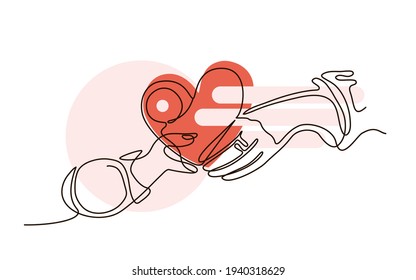 Single line art hands. People holding heart in hands. Vector outline art