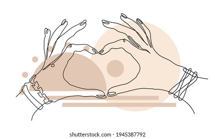 Single line art hands. People holding heart in hands. Vector outline art