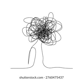 Single line art of a human head with a scribble in  overthinking and mental health concept, editable stroke.