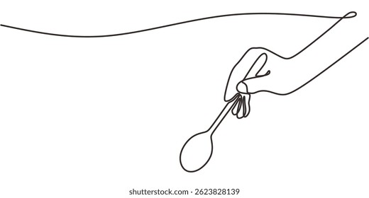 Single line art illustrating the act of eating, depicted by a hand gripping a spoon firmly. Vector illustration hand drawn.