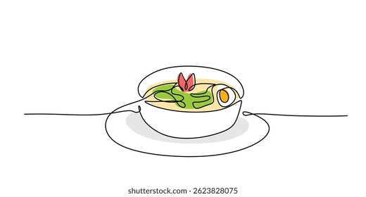Single line art illustrating a serving of soup presented simply in a deep bowl. Vector illustration hand drawn.