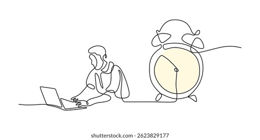 Arte de una sola línea que ilustra la eficiencia del trabajo, mostrando un reloj y una mano usando una computadora portátil juntos. Ilustración vectorial dibujada a mano.