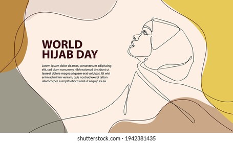 Single Line Art Illustration of Arabian Woman Minimal Banner. Happy World Hijab Woman Day Concept Hand Drawn.