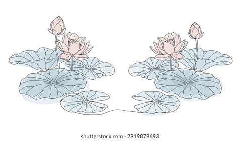 Single line art illustration featuring pink lotus flowers and blue-tinted lily pads on a white background; continuous line botanical drawing with watercolor style color washes.