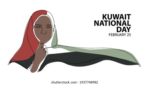 Single Line Art Illustration of Happy Saudi Woman Celebrating the Independence Day of Kuwait Concept. Young Arabian Muslim Wearing Flag as Hijab Abaya on The National Day Hand Drawn