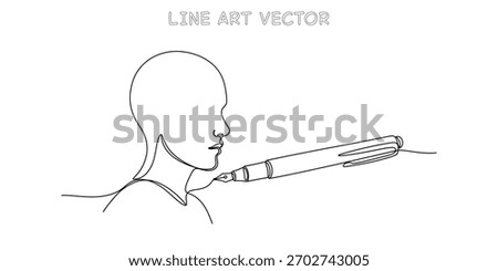 A single line art illustration of a person's face (profile) speaking, with the words transforming into a large fountain pen, symbolizing creative writing, public speaking, or powerful storytelling