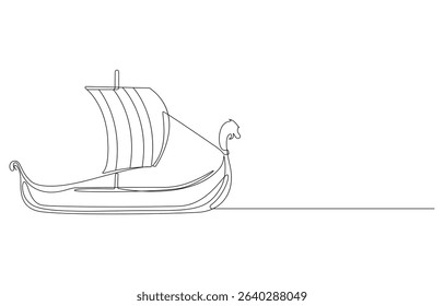 Single Line Art Illustration of a Viking Longship Sailing on the Sea,
