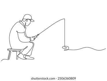 Single line art of a man fishing for leisure, vector design on white background.