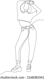 Arte de una sola línea o arte vector mono-línea de la mujer que usa prendas de moda y se pone en una bella pose