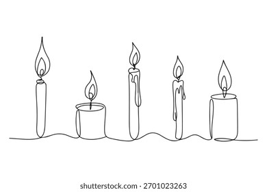 Single line art of multiple candles with fire flame simple outline illustration on white background
