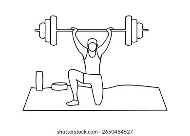 Single line art person lifting barbell overhead in a kneeling position with weights