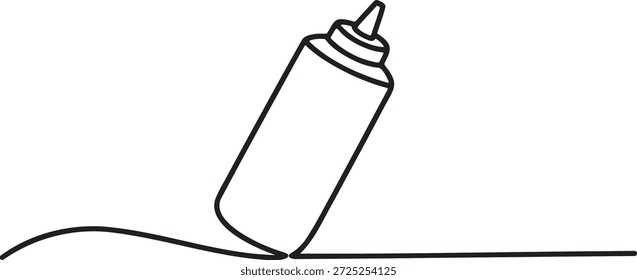 Arte de una sola línea de botella de plástico exprimida que posiblemente contenga mostaza de ketchup o mayonesa, una ilustración de contorno minimalista de un contenedor de servicio de alimentos
