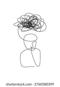 Single line art of a scribble cloud above head in overthinking and mental health concept, editable stroke.