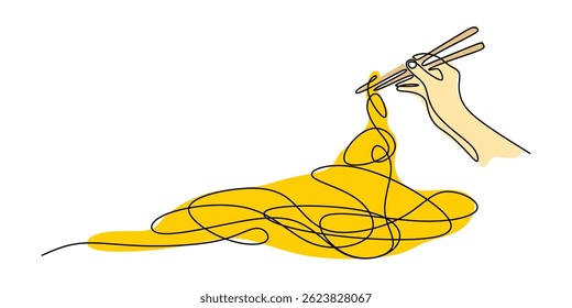 Arte de linha única mostrando mãos engajadas em comer um prato de massa como macarrão ou espaguete. Desenhado à mão com ilustração vetorial.