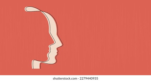 single line art silhouette faces. Metaphor bipolar disorder, Parkinson, Double face, Split personality, Psychology, Dual personality Mental health concept. Copy space.