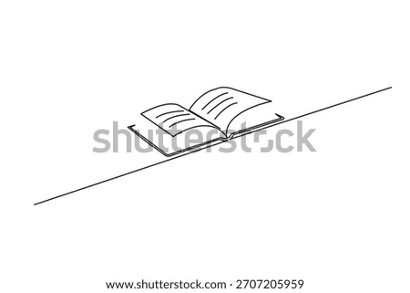 Single line art of a simple open textbook or reading material
