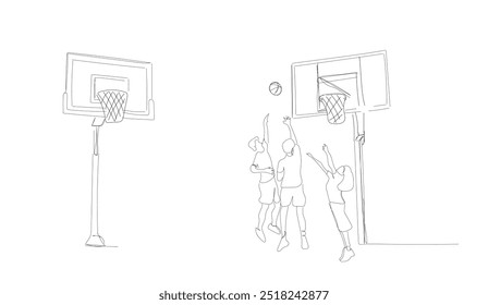 Single line art style drawing of family playing basketball together. The child dribbling the ball, passing the ball, and shooting the ball at the hoop. Basketball design concept.