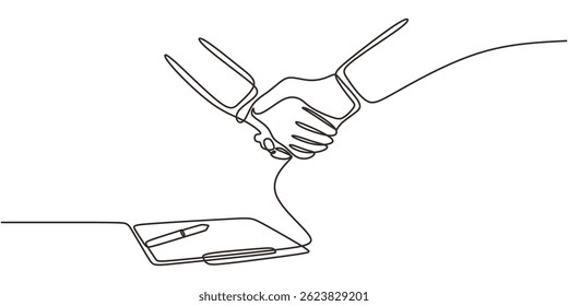 Arte em linha única simbolizando um negócio ou parceria bem-sucedido com um aperto de mão acima da papelada. Desenhado à mão com ilustração vetorial.