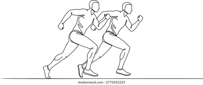 Single line art of two athletes sprinting together in competition. Minimalist silhouette of running men with dynamic movement. Continuous line sketch for fitness motivation and track field sports. Professional vector illustration on transparent background for athletic lifestyle and racing theme.