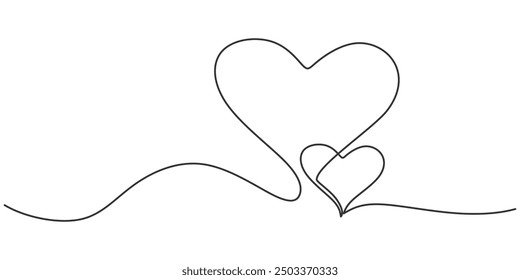 Single Line Art of Two Hearts zum Valentinstag. Minimalistische Liebesdarstellung für Paare