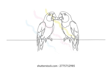 Single line art of two parrots in close interaction; minimalist bird illustration with gentle pastel washes; simple avian.