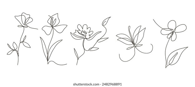 Ilustración de flor de Vector de arte de una sola línea, conjunto de contorno de flores en flor.Ilustración vectorial