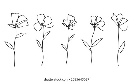 Single line art vector flower illustration collection.One continuous line art.Flowers collection