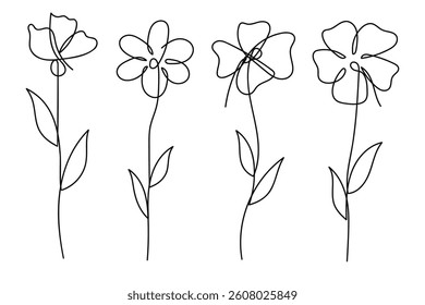 Single line art vector flower illustration collection.One continuous line art.Flowers collection.Vector illustration.