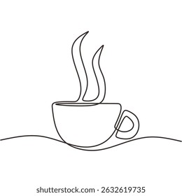 Single line art vector of a hot cup of coffee with steam. Cafe and drink illustration. Morning beverage graphic.