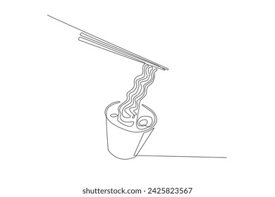 single line art vector illustration of food cup noodles with chopsticks .vector continuous line of instant noodles