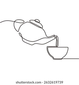 Single line art vector of pouring liquid from a pot to a mug. Drinks and serving illustration. Tea time graphic design.