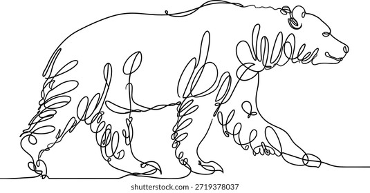 Einzeilige Kunst eines wandelnden Bären mit abstrakten Wirbeln, die seinen Körper Tierwelt bilden.