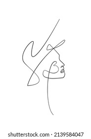 Single line art woman in a hat, continuous line fashion woman, one line female face. Graphic vector.