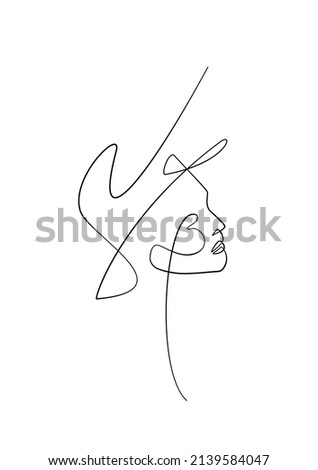 Single line art woman in a hat, continuous line fashion woman, one line female face. Graphic vector.