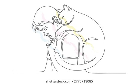 Single line artistic drawing capturing intimate moment of affection between person and feline friend with soft brush decoration.